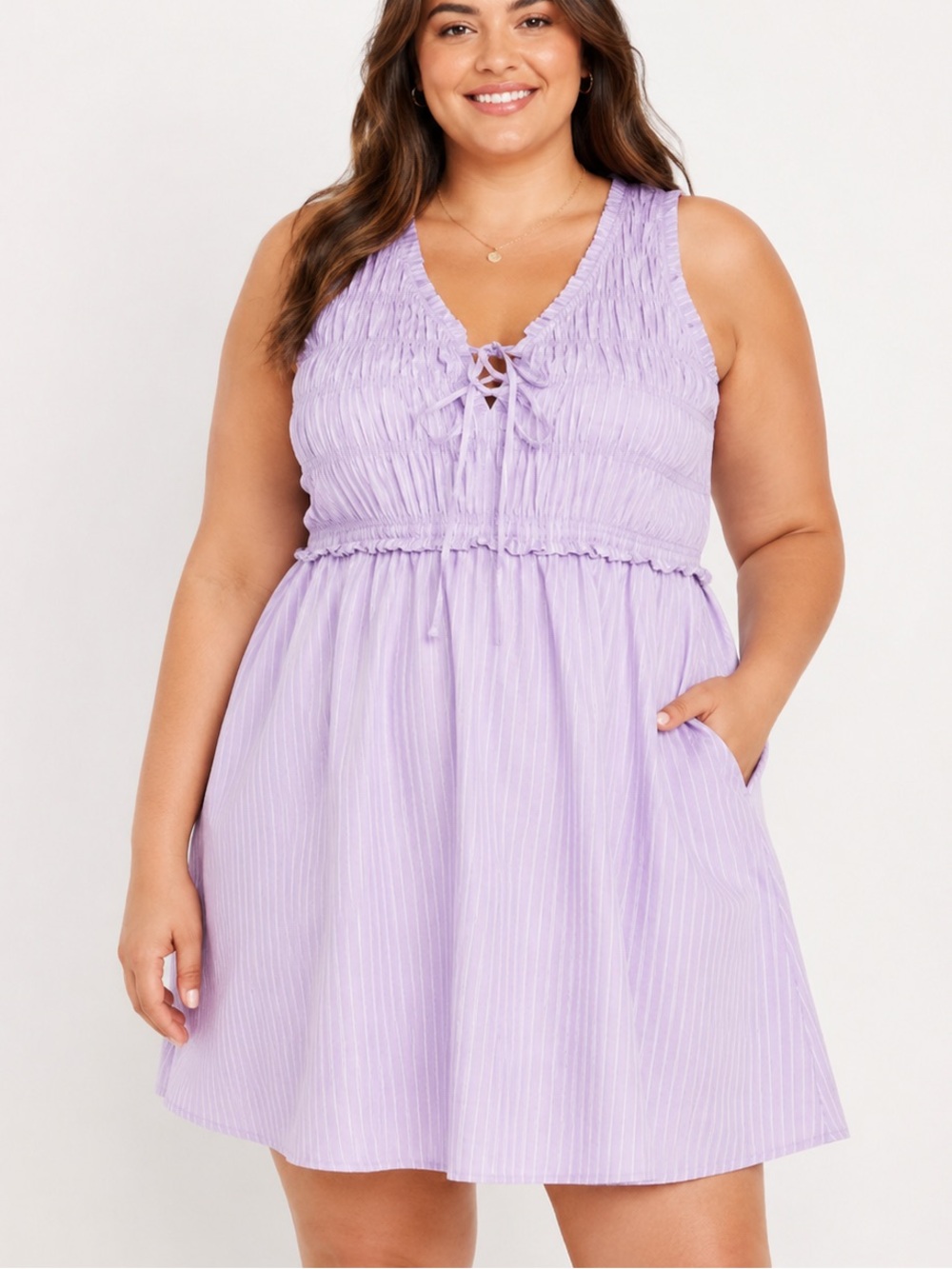 Old Navy Lavender Sleeveless Dress Ruched Pinstripe Elastic Waist Fit & Flare